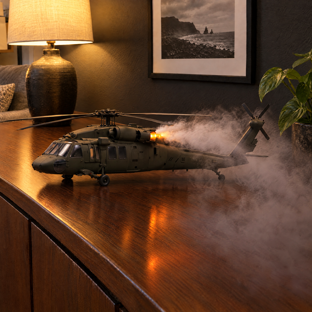 Motor Scent Black Hawk helicopter, mist from the engines