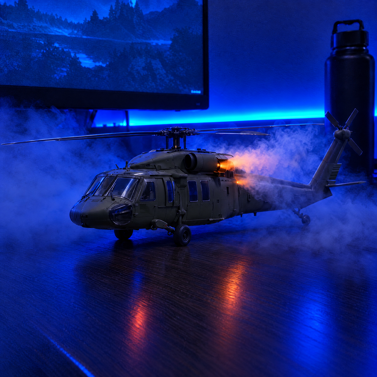 Motor Scent Black Hawk helicopter on a gaming desk